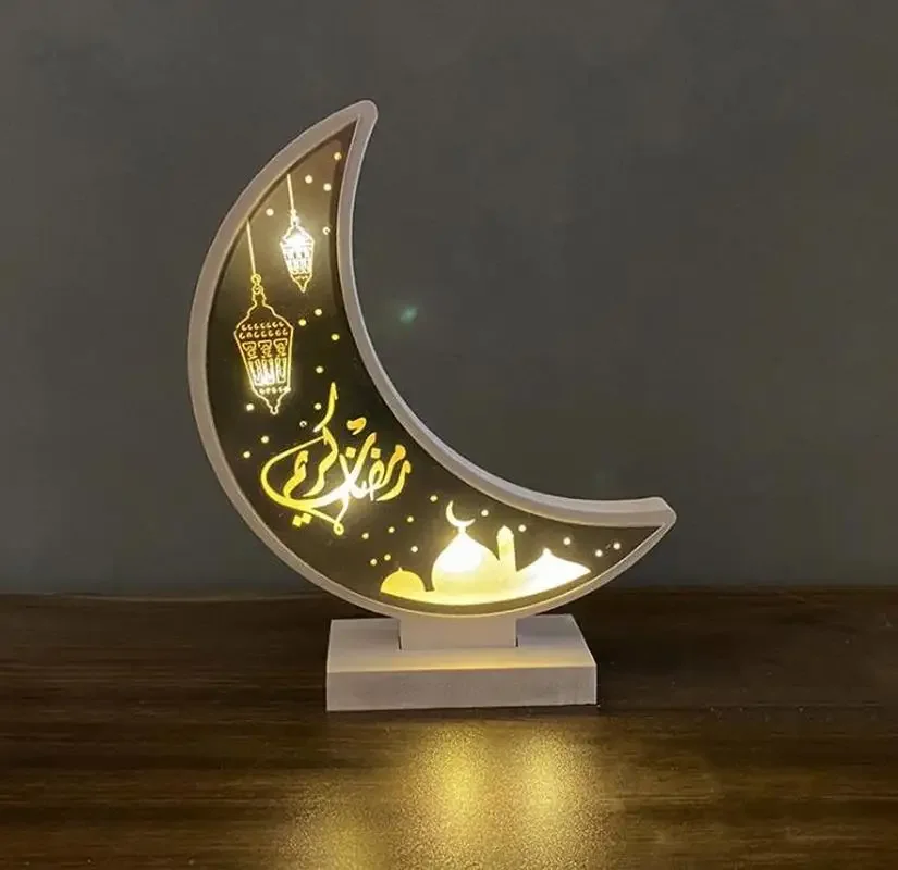 Ramadan Eid Mubarak Wooden Ornament Moon Lamp LED Night Light Islam Decoration Muslim Wooden Ornament  Home Festival Light