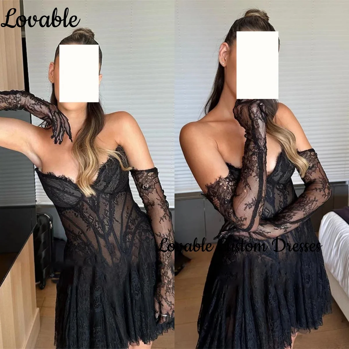 

Black Vestidos De Festa A-Line Mini Customize Dress Women Elegant Luxury Long Sleeves Lace Zipper Gala Dresses Woman