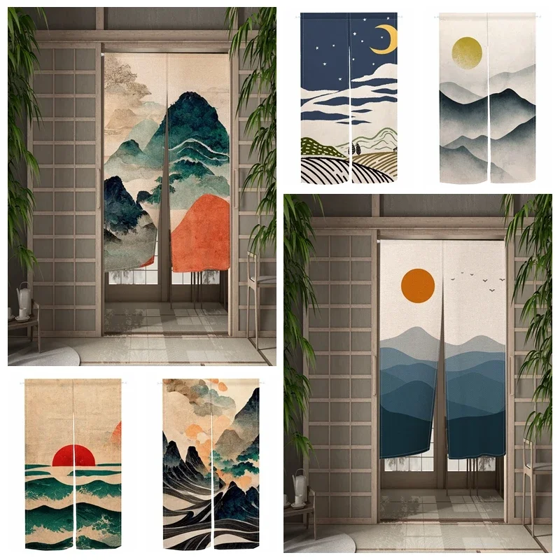 Japanese Sun Mountain Door Curtain Velcro Noren Bedroom Kitchen Partition Split Doorway Curtains Sake House Linen Half Curtain