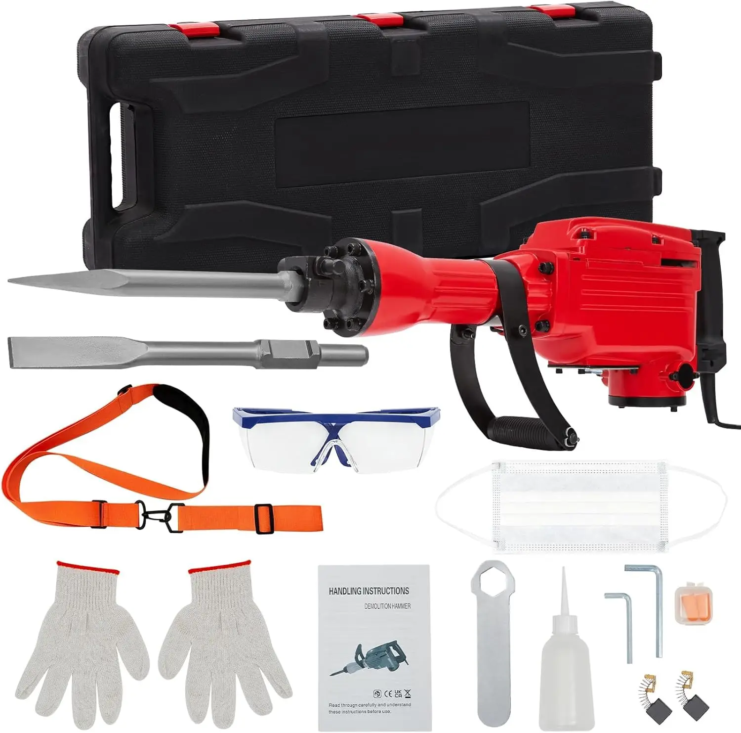 Heavy Duty 2200W Electric Demolition Jackhammer Set With 2 Chisels, Demolition Jackhammer Gloves, Tool Box, And Wrench