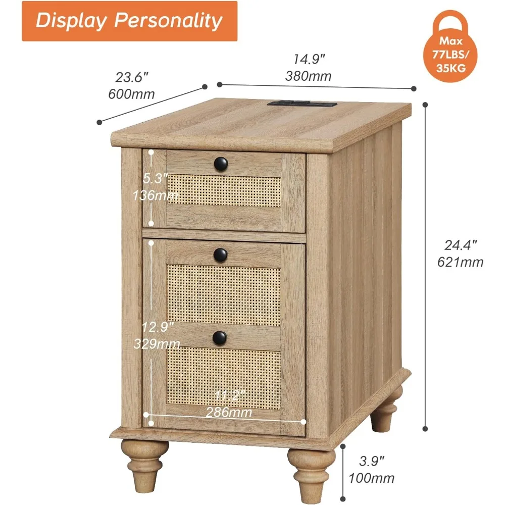 Farmhouse End Table with Charging Station, Wood Side Table with Power Outlets & USB Ports, Rattan Nightstand with Drawer