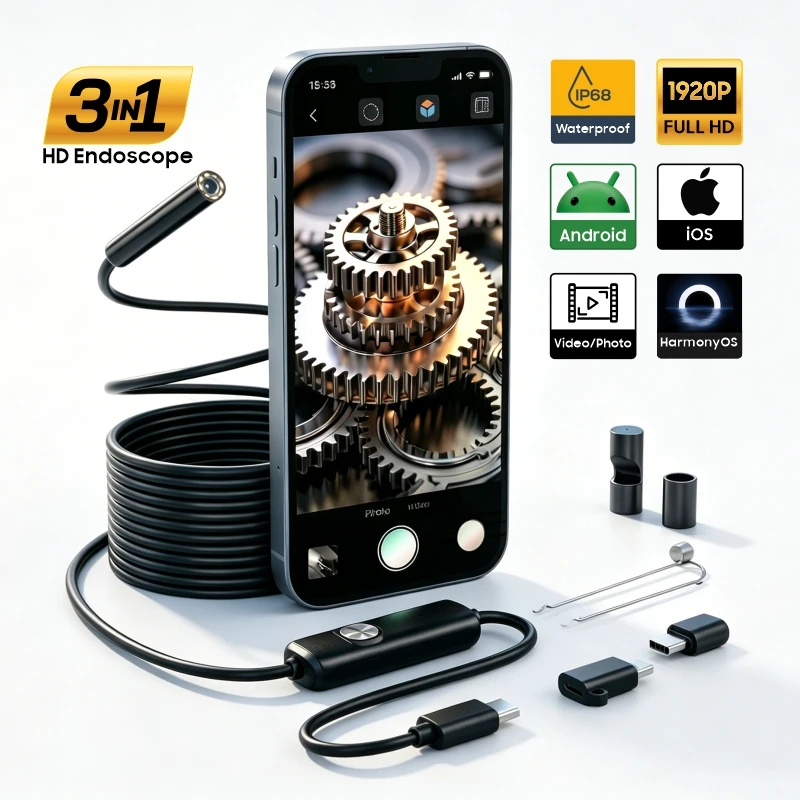 1920P HD Endoscope Camera for iPhone Huawei iOS Android Type-C Micro USB Borescope Inspection Camera with Light for Car Sewer
