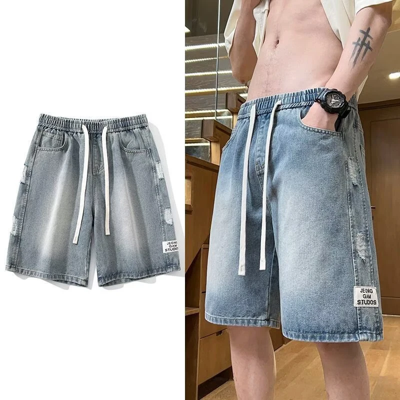 

Summer Side Ripped Appliques Baggy Jorts For Men High Street Fashion Blue Denim Shorts Outerwear Straight-leg Y2K Bermudas homme