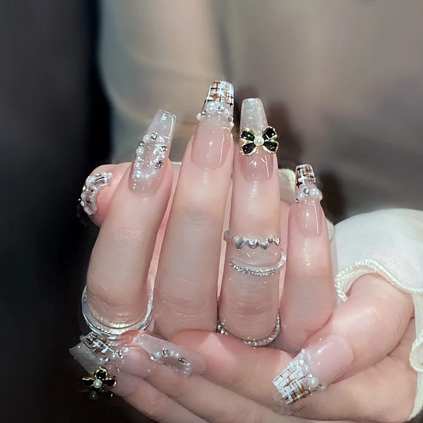 10 pçs artesanal imprensa em unhas outono inverno retro francês dicas de unhas falsas cobertura completa doce coreano senhora longo caixão unhas falsas