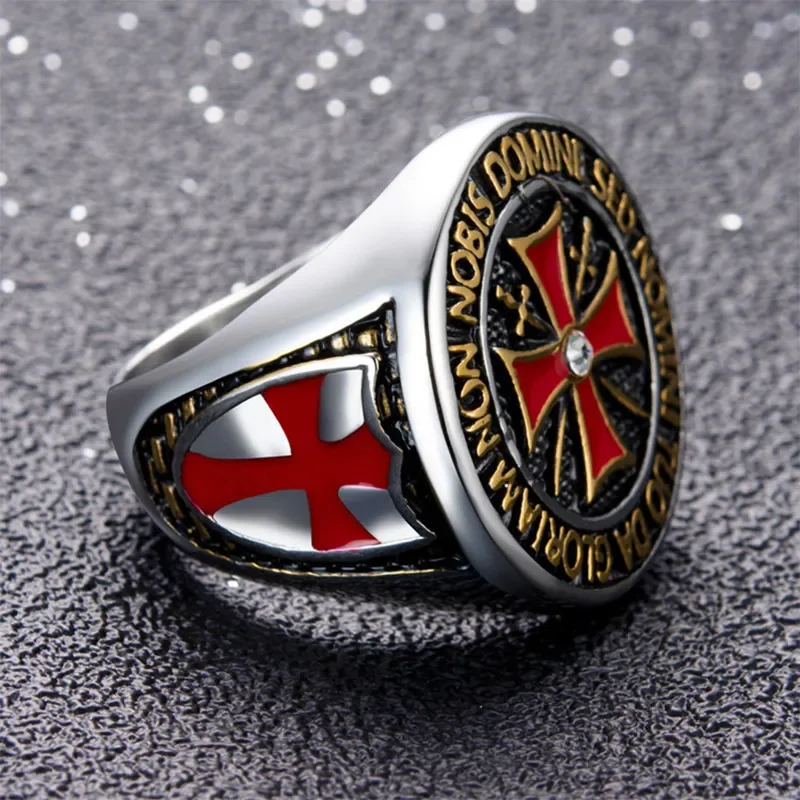 Anillos de caballero templario dominante para hombre, Color plateado, Cruz Roja con incrustaciones de circonia cúbica, joyería decorativa, venta al por mayor
