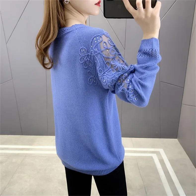 Hollow Out Knit Woman Sweater Spring Autumn New Lace Long Sleeve Pullovers Bottoming Womens Clothing O-neck Pull Femme Tops