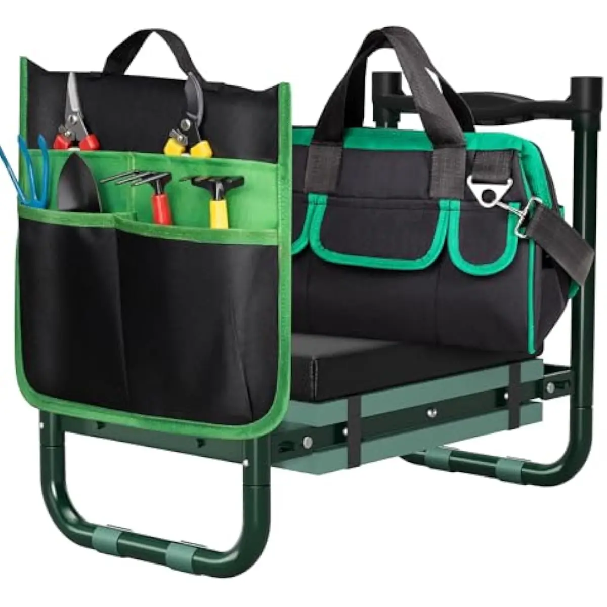 Garden Kneeler Seat with Extra-Wide 11.8 Inch Magnetic Leather Cushion Waterproof Oxford Surface Detachable Cross-Body Tool Carr