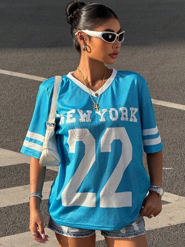 Blue New York No.22 Printed T-Shirt For Women Summer V-Neck Short
