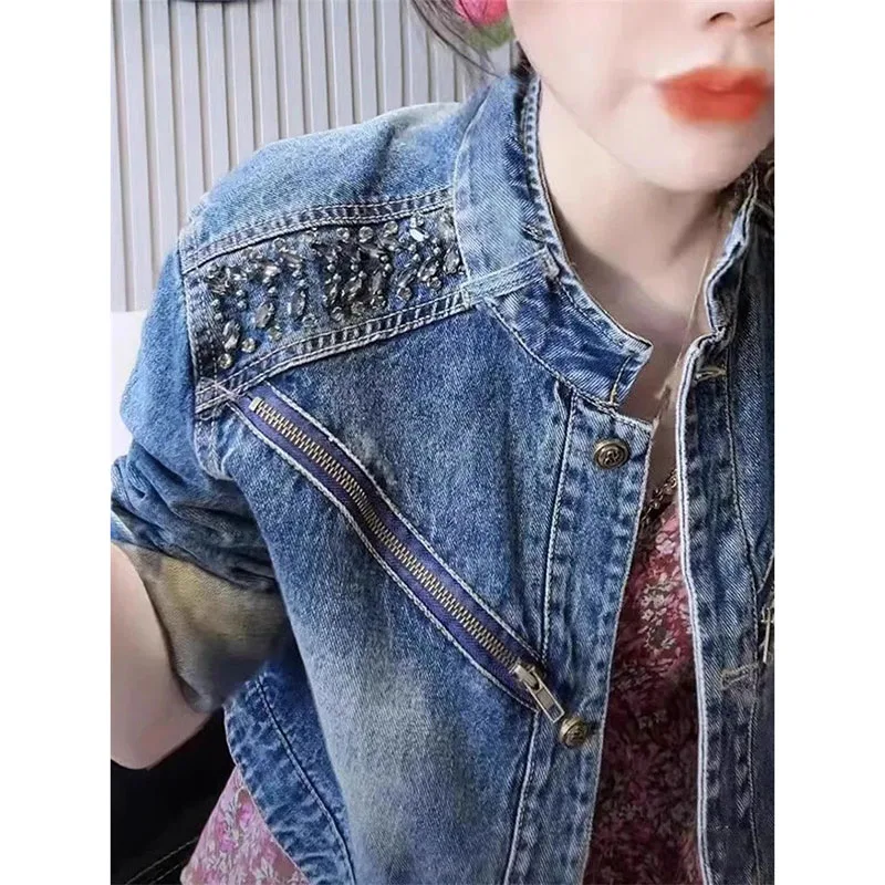 

2025 Female Long Sleeves Denim Outwear Autumn Women Advanced Short Jeans Jacket European Ladies Stand-up Collar Cowboy Coat