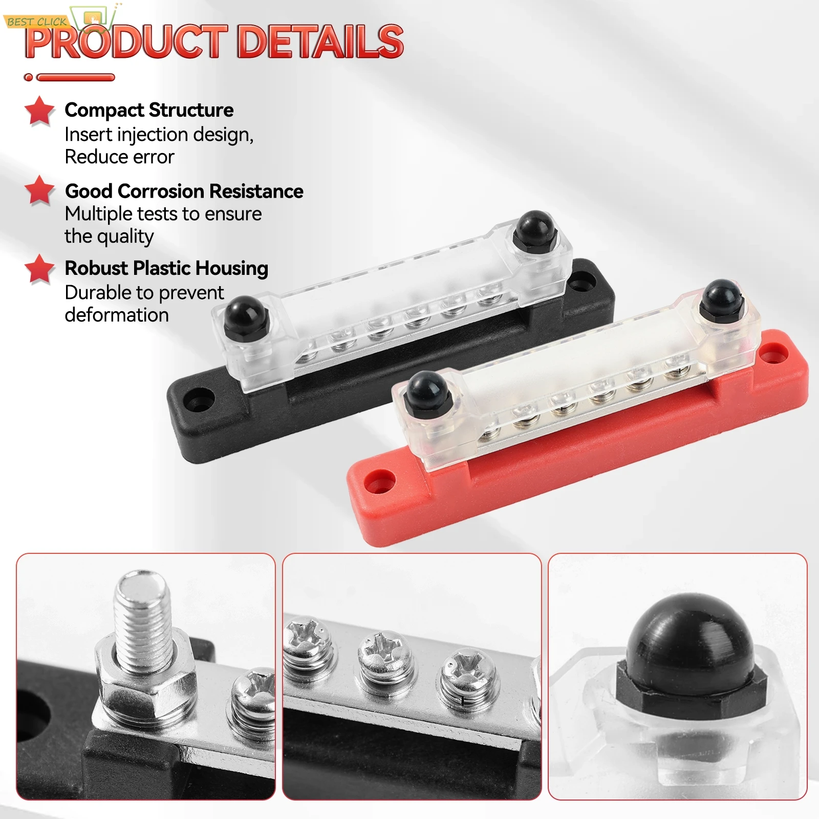 For Truck Boat Car Camper RV Marine M6 12V Bus Bar 2x 1/4 inch Power Distribution Block 150A Electrical Terminal Block Buss Bar