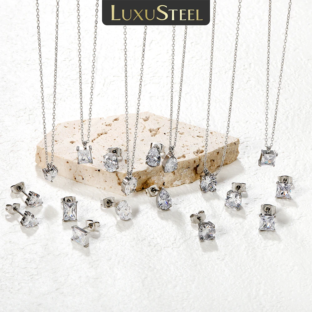 LUXUSTEEL Silver Color Style Cubic Zirconia Pendants Earring Jewelry Sets For Women Stainless Steel Necklace Daily Wedding Gifts