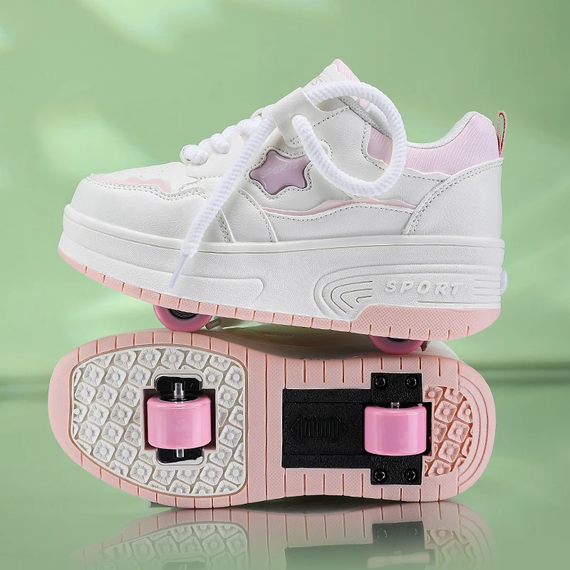 

Children Roller Skates Boys Girls Leather Roller Skates Kids Hidden 2Wheels with Multiple Functions Detachable Tide Casual Shoes