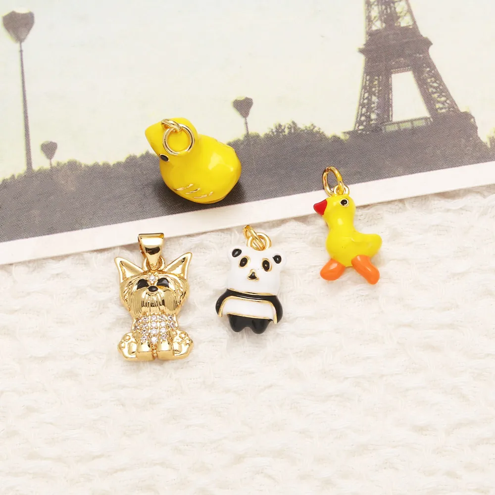 OCESRIO Trendy Yellow Enamel Cute Chick Pendant For Necklace Copper Gold Plated Panda Puppy Jewelry Making Supplies Pdta309