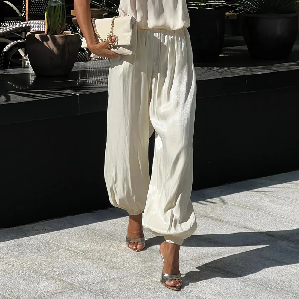 Drunk Sugar Shiny Texture Draped Lantern Pants Low Waist Elastic Cuff Trousers Ladies Trendy Streetwear Loose Straight Long Pant