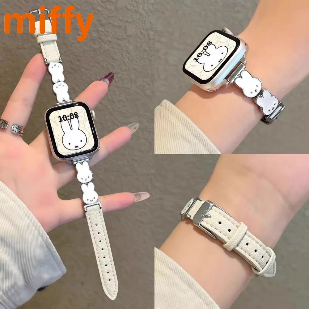 Новый стильный ремешок для Apple Watch S9 с милым кроликом Миффи, металлический с кожаными вставками, аксессуары для часов, чехол, подарок