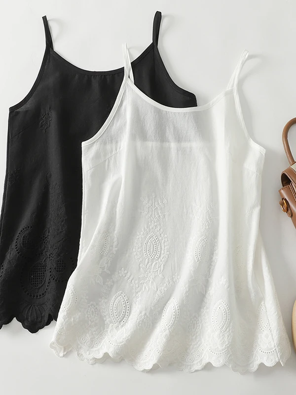 

Embroidered Cotton Linen Women's Base Layer Vest Strap Summer Outerwear Large Size Commute Sle Loose Fit Pear Body pe