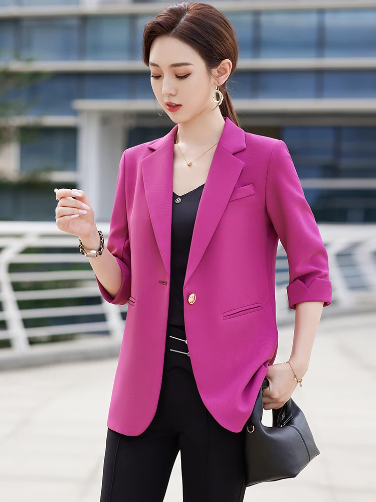 

Rose Red suit jacket spring and summer high-quality new mid-sleeved casual small senior temperament commuter suit blazer mujer