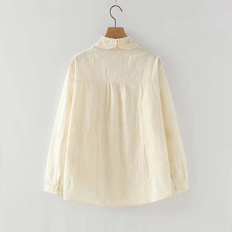 ใหม่2025ฤดูใบไม้ร่วงผ้าฝ้ายเสื้อแขนยาวผู้หญิงPeter Pan Collarเย็บปักถักร้อย, MoriสาวRetroหวานสบายๆหลวมเสื้อT55316CC