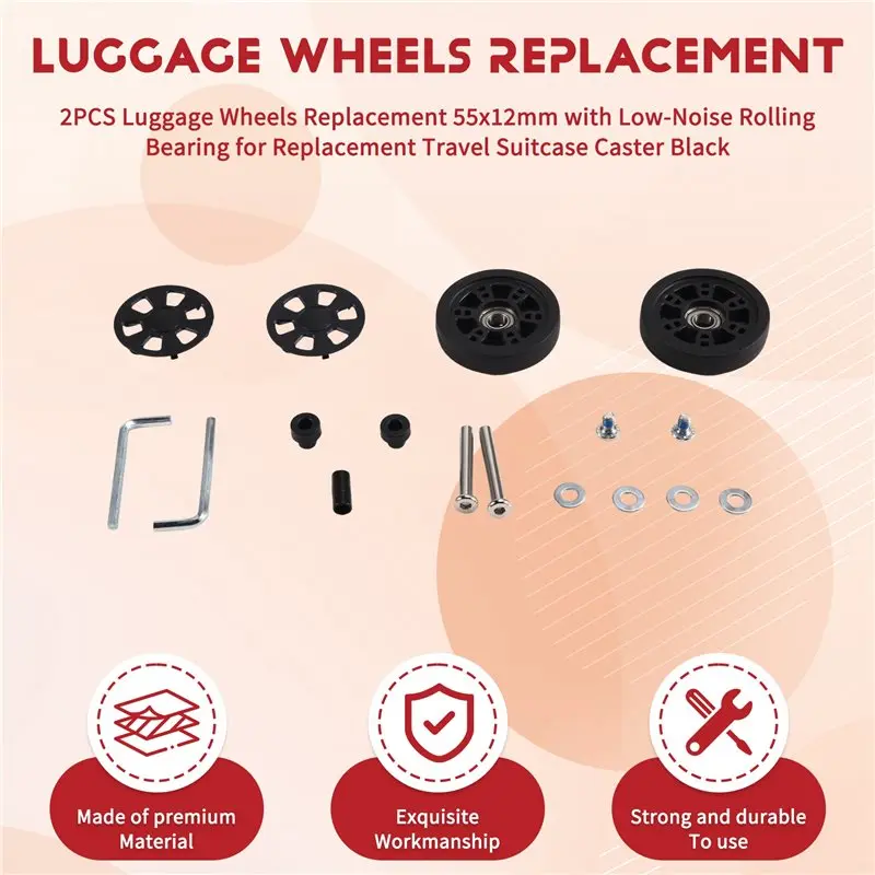 ABEZ 2PCS Luggage Wheels Replacement 55X12mm With Low-Noise Rolling Bearing For Replacement Travel Suitcase Caster Black