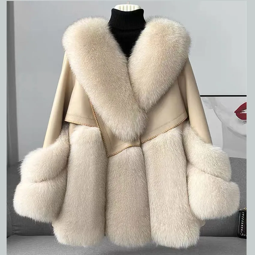 New fashion real fox fur coat and 100% real sheepskin made for fur one-body fur jacket lined with down fur for women fur coat