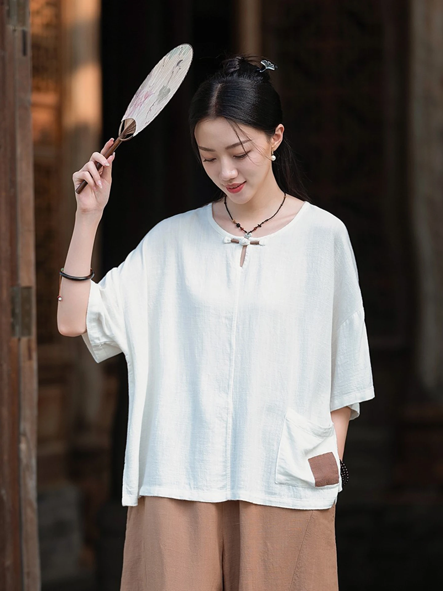 New Summer Cotton Linen Women's Short Sleeve T-Shirt Thin Tea Ceremony Style Loose Fit round Neck Pullover Top for Casual Wear