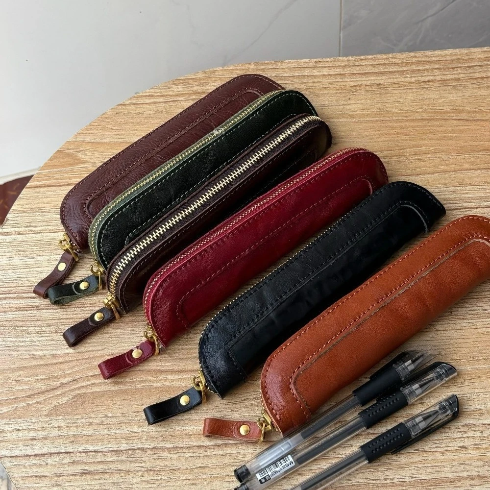 Genuine Leather Pencil Case, Zippered Creative Pen Storage Pouch, Long Pod-shaped Organizer Bag for Students & Office Use