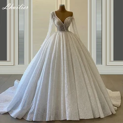 Lhuilier Customized Scoop Neck Ball Gown Lace Wedding Dresses Full Sleeves Beaded See Through Bridal Dress with Court Train