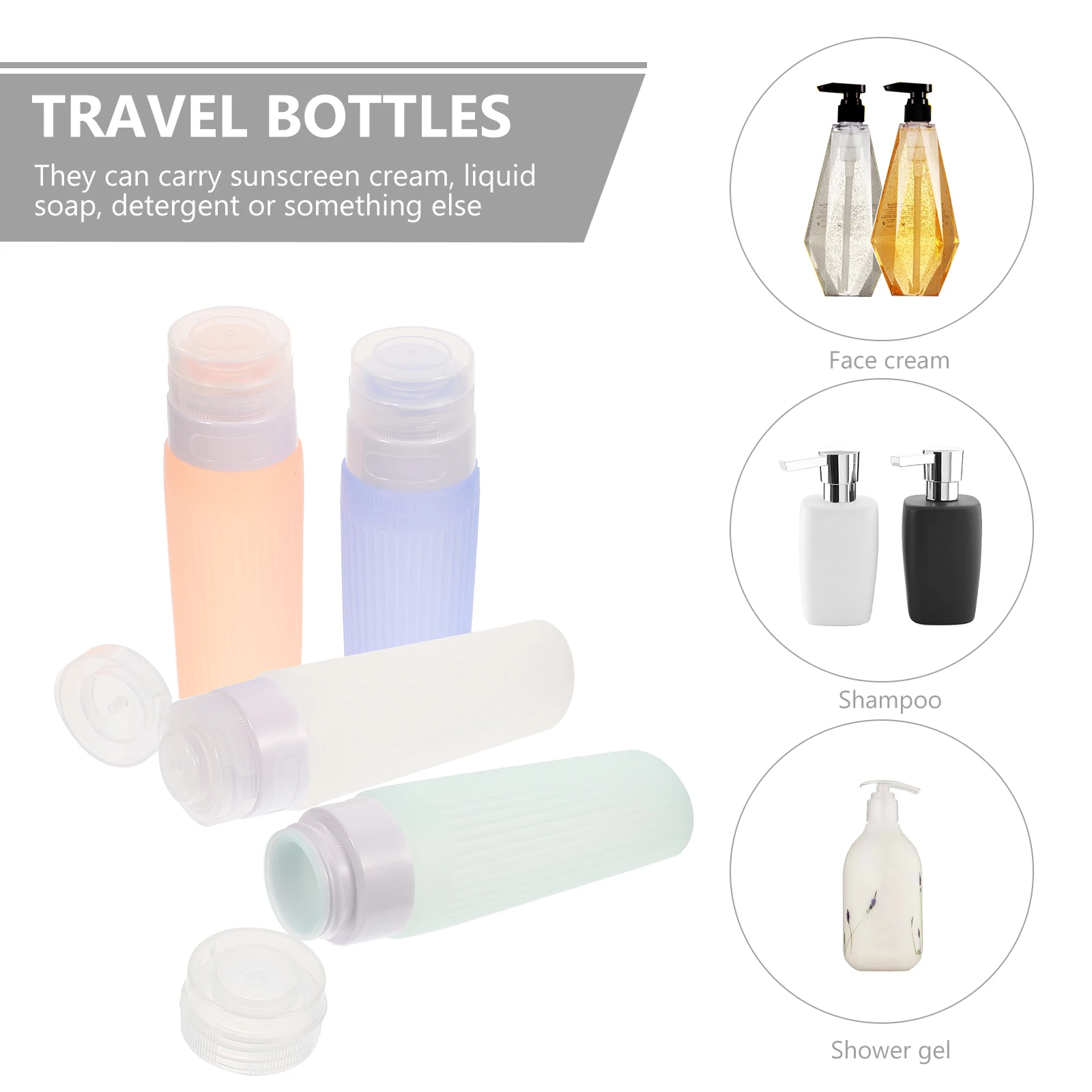 

4pcs Travel Bottles Portable Silicone Leak Proof Containers Reusable Shampoo Conditioner Sauce Perfume Dryer Lotion Bottle Set