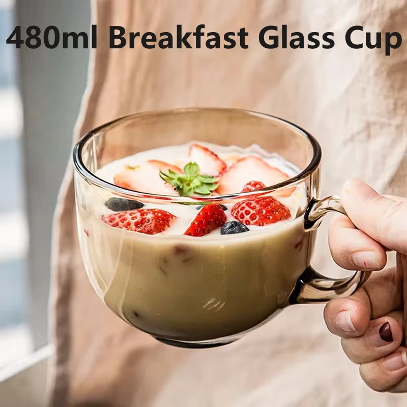 480ml Amber Glass Cup with Handle Heat-resistant Durable Coffee Tea Mug Yogurt Dessert Drink Breakfast Milk Cup Drinkware