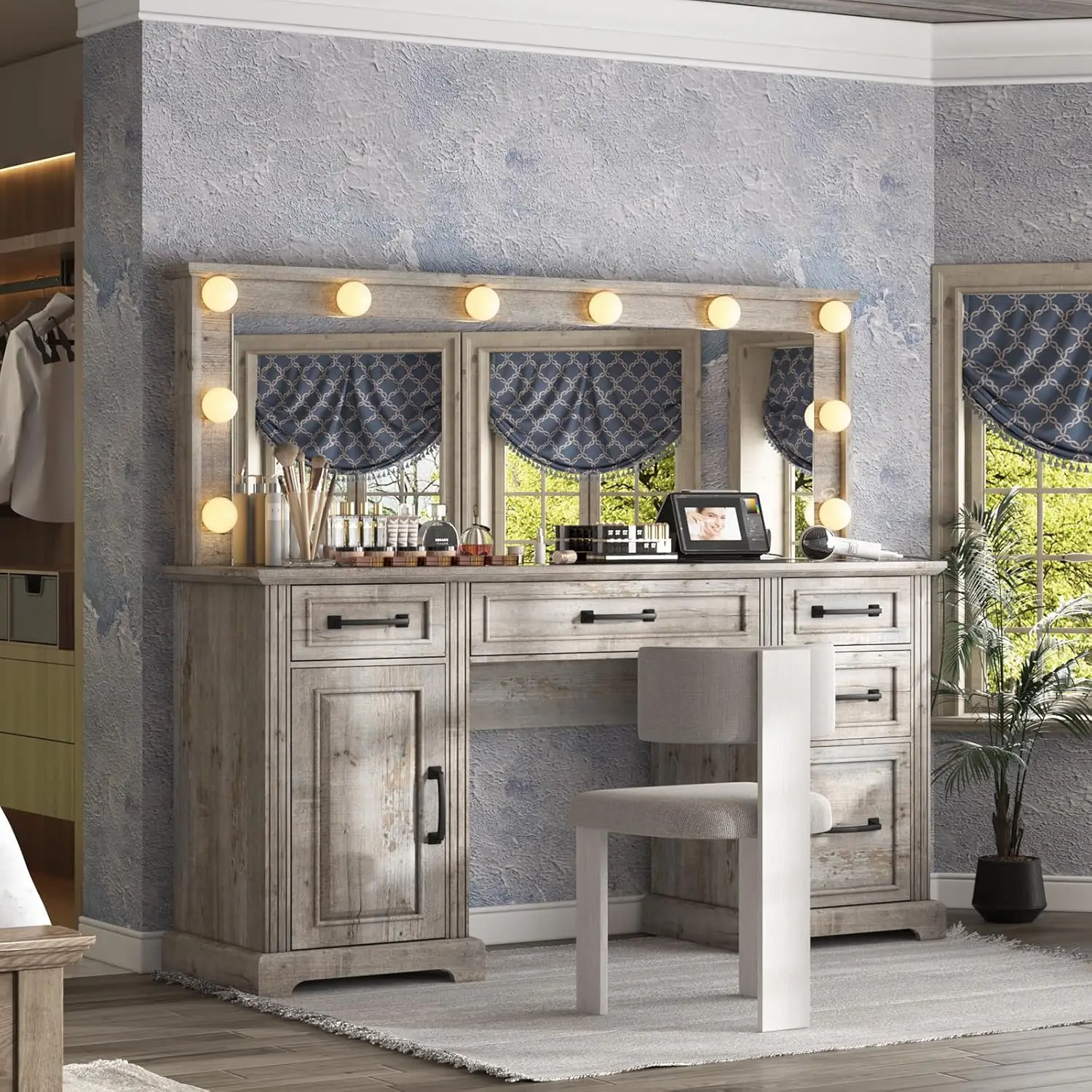 

55"" W Makeup Vanity With Mirror, Glass Top Vanity With 5 Drawers & Charging Station, 10 Detachable Light Bulbs, Adjustable