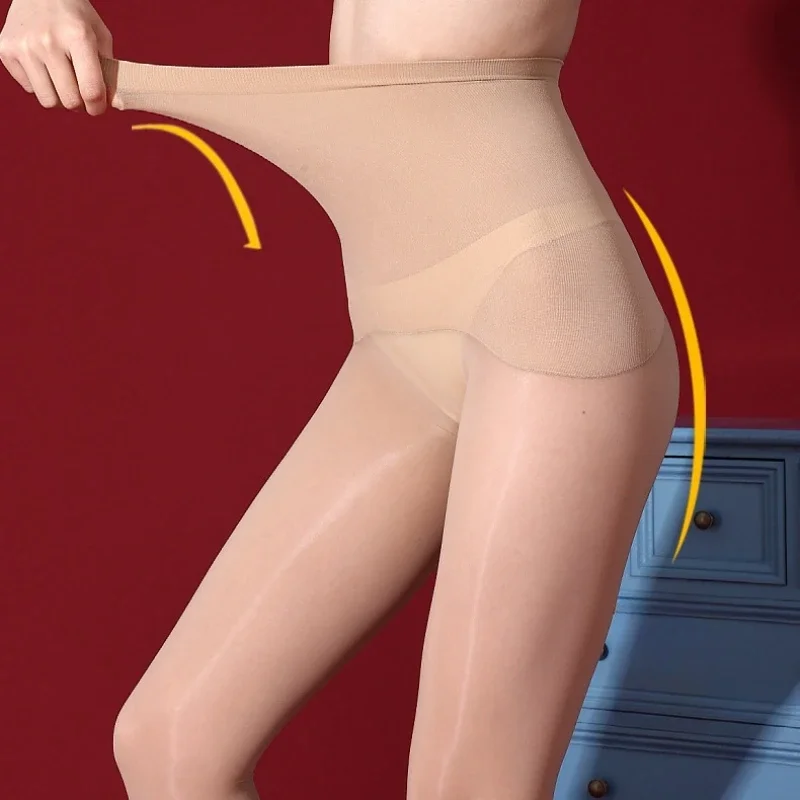 Collants façonnant taille haute sans couture pour femmes, brillant à l'huile, sous-vêtements fins et transparents, en Nylon extensible, levage des hanches, jambes