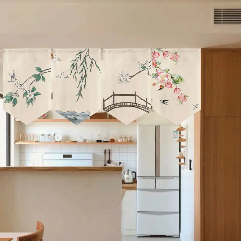 VIKAMA Vintage Triangle Valance Curtain Ink Floral Swallow Fabric Kitchen Window Noren Curtain Oriental Cafe Doorway Decor