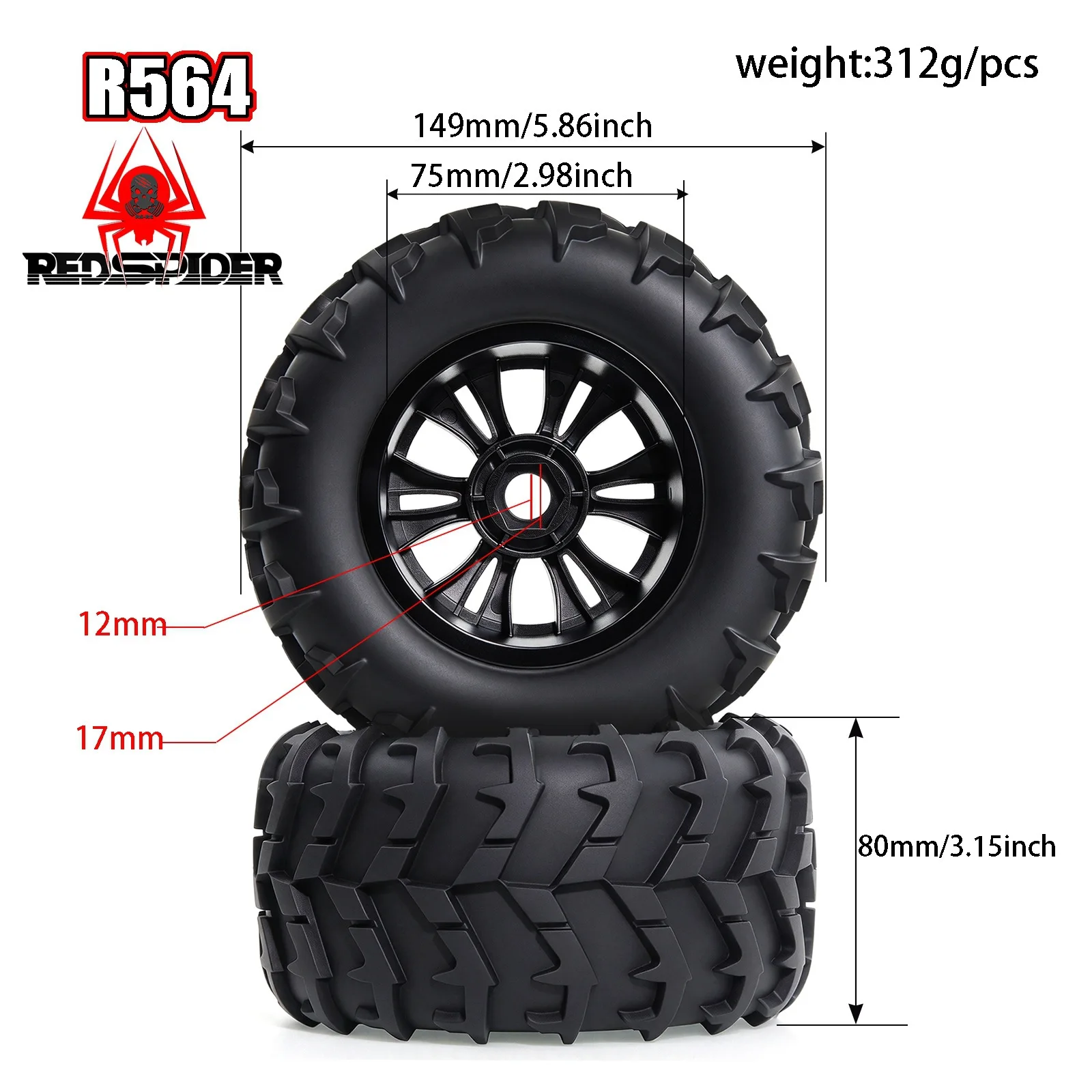 149mm Off-Road Tread RC Car for Bigfoot 1/8 1/10 Tire with Wheel Hub and Built-in Sponge