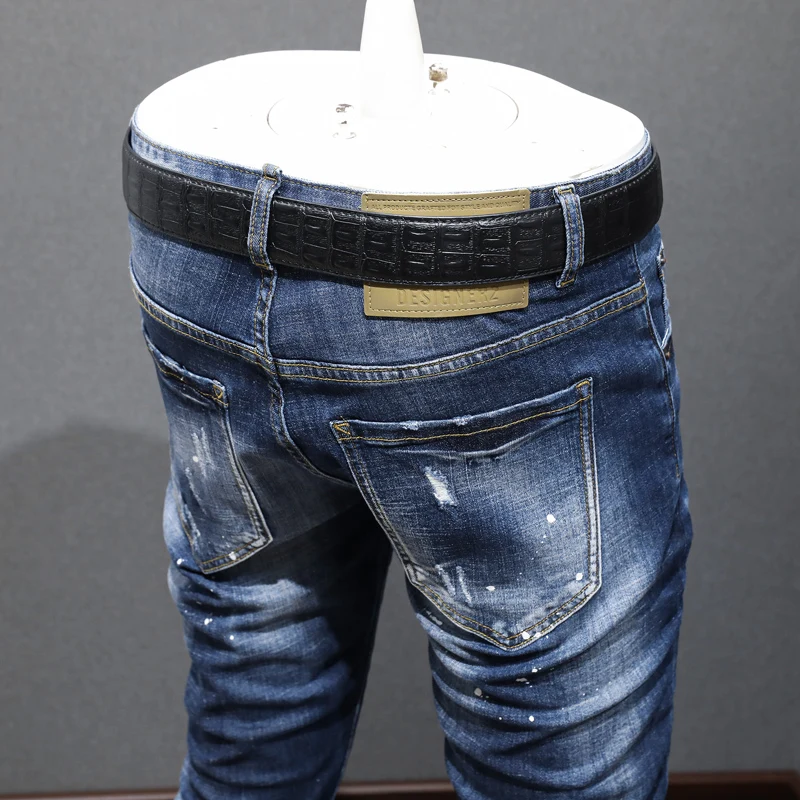 Streetwear Fashion Vintage Men Jeans Retro Blue Stretch Elastic Slim Fit Ripped Jeans Men Painted Designer Hip Hop Pants Hombre
