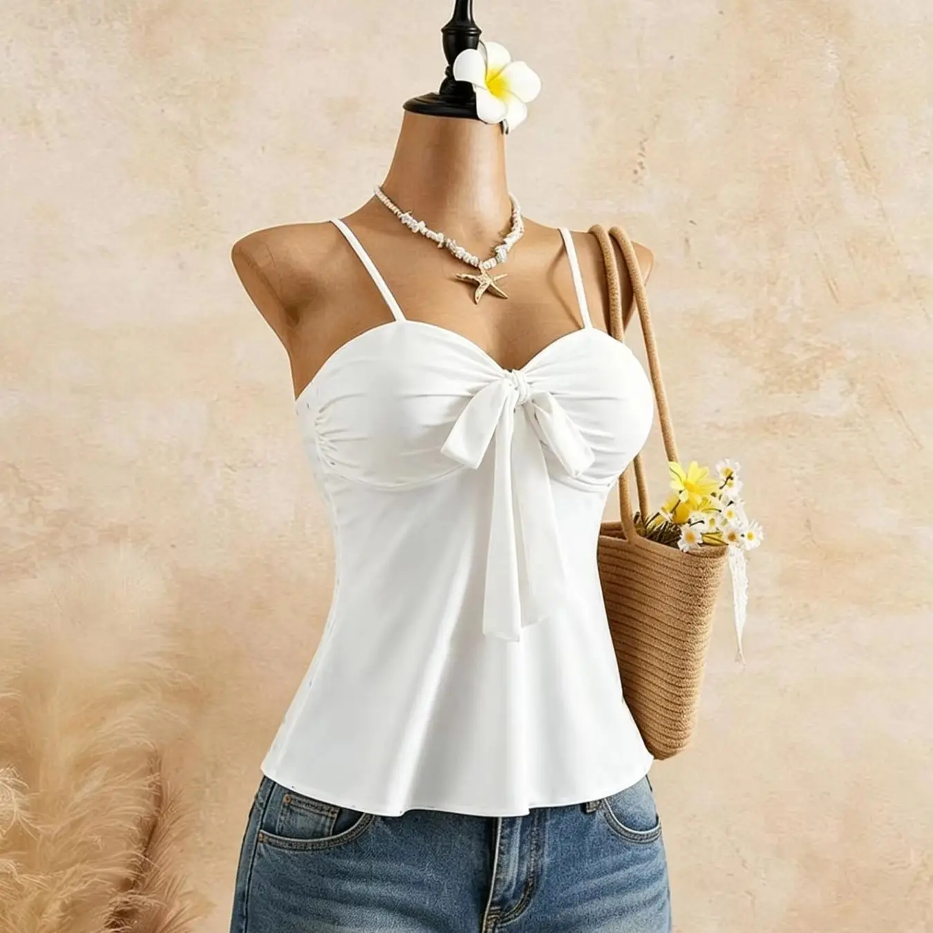 Damen Cami-Top mit Spaghettiträgern, Herzausschnitt, vorne gebundenem Twist und ausgestelltem Peplum, Sommer 2026, einfarbig Weiß, lässig, Urlaub, schmale Passform – Detail 5