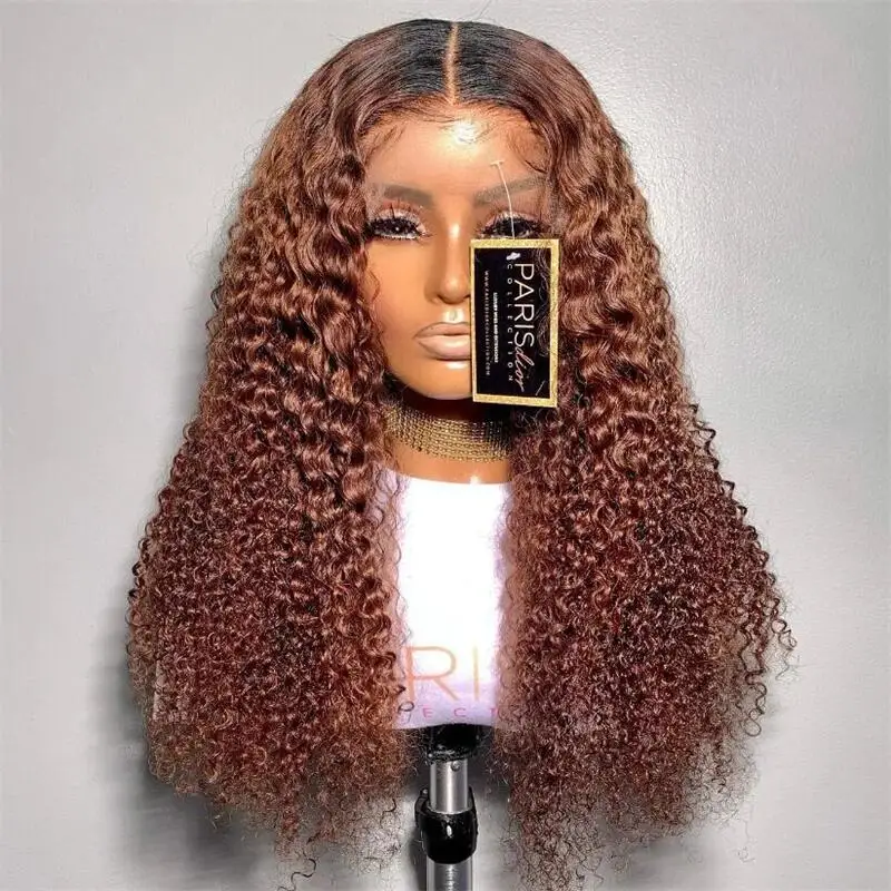 

Soft Long 26lnch Glueless 180Density Ombre Brown Kinky Curly Lace Front Wig For Women With Baby Hair Synthetic Preplucked Daily