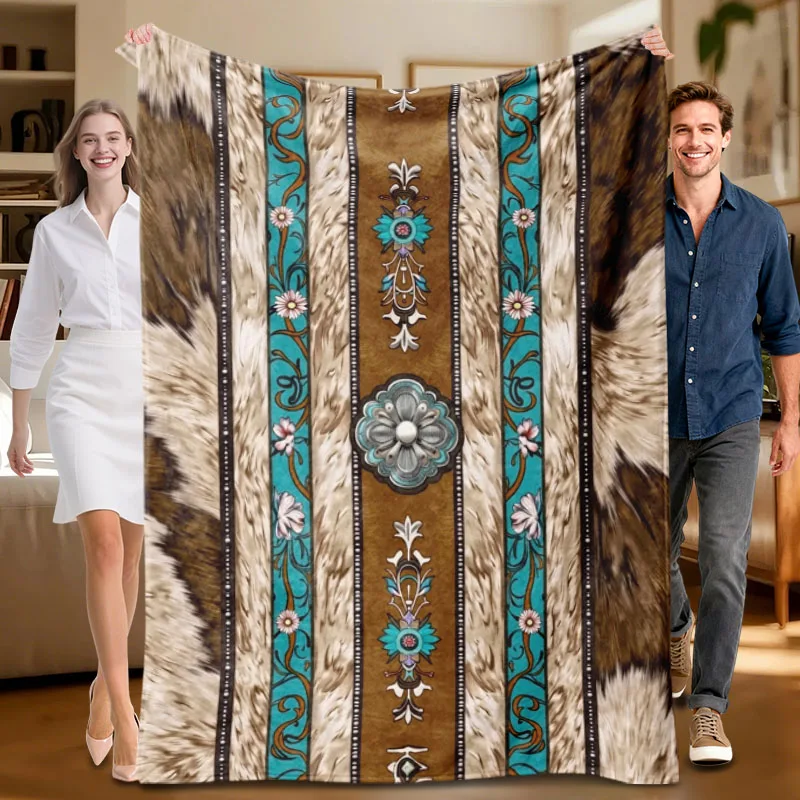 piece brown and turquoise floral flannel blanket, soft, suitable for sofa, bed, office, all-season use70x100