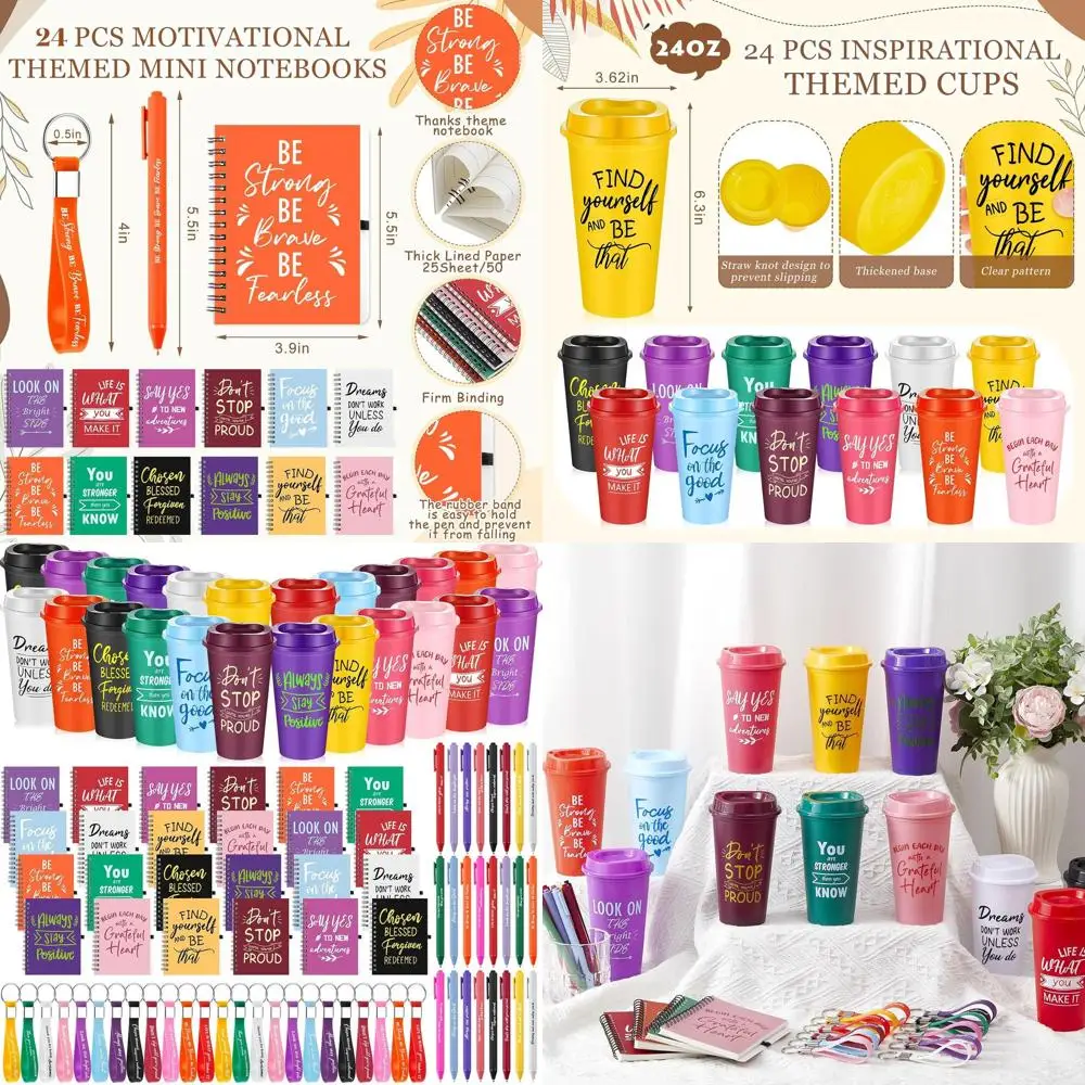 

Пластиковые вдохновляющие стаканчики на 16 унций, мини-спиральные тетради, шариковые ручки и брелки — объемные мотивационные подарки для женщин и Empl