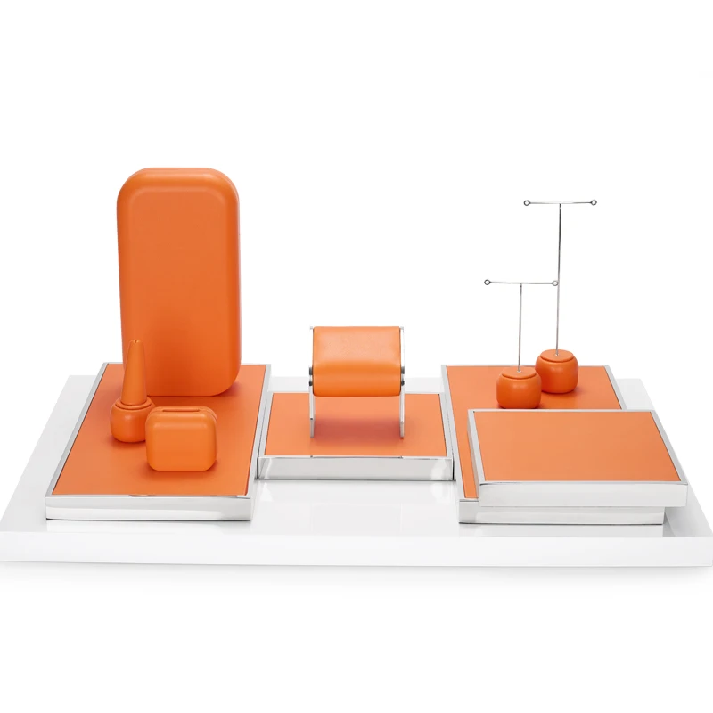 Oirlv Jewelry Display Props Orange Ring Earring Bracelet Necklace Jewelry Stand Watch Holder Leather Jewelry Display Stand Set