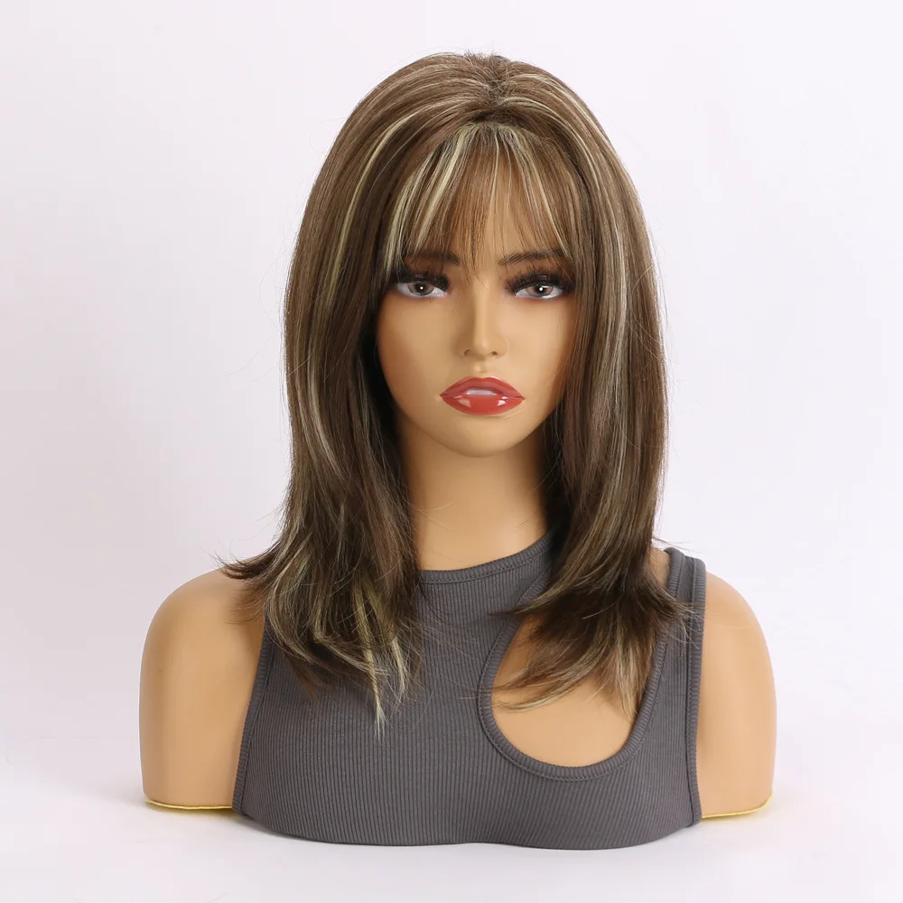 Synthetic Wigs with Bangs Straight Short Highlights Brown Mixed Light Gold Layered Wig with for Women Daily Cosplay Wigs