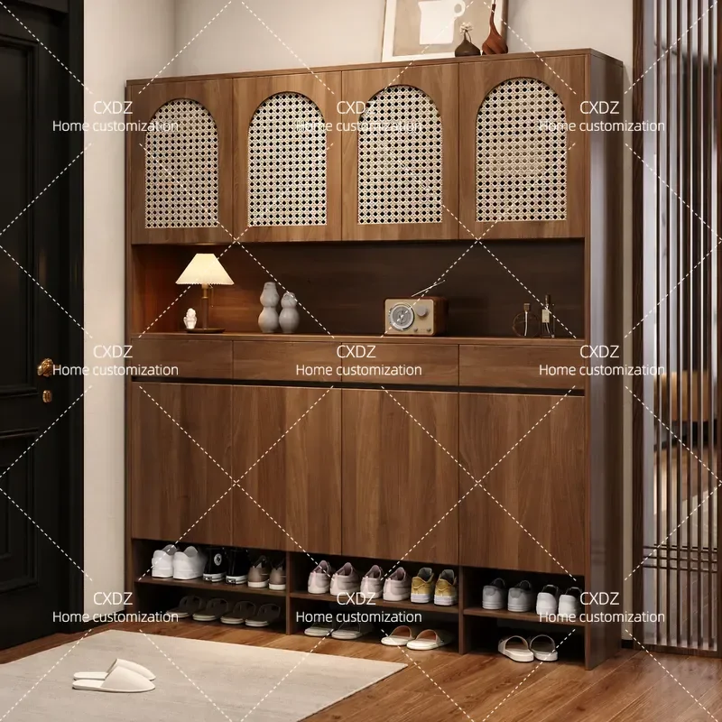 Medieval Style Rattan Shoe Cabinet Large Capacity Storage Unit Foyer Entryway Wall Mounted Integrated Combination Cabinet for