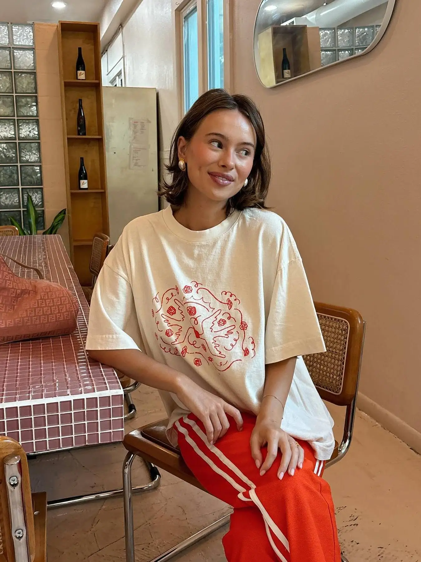 Retro American Vintage Summer Heart Peace  Print Spicy Girl Loose Pure Cotton Short Sleeve T-Shirt Women's Trendy round Neck