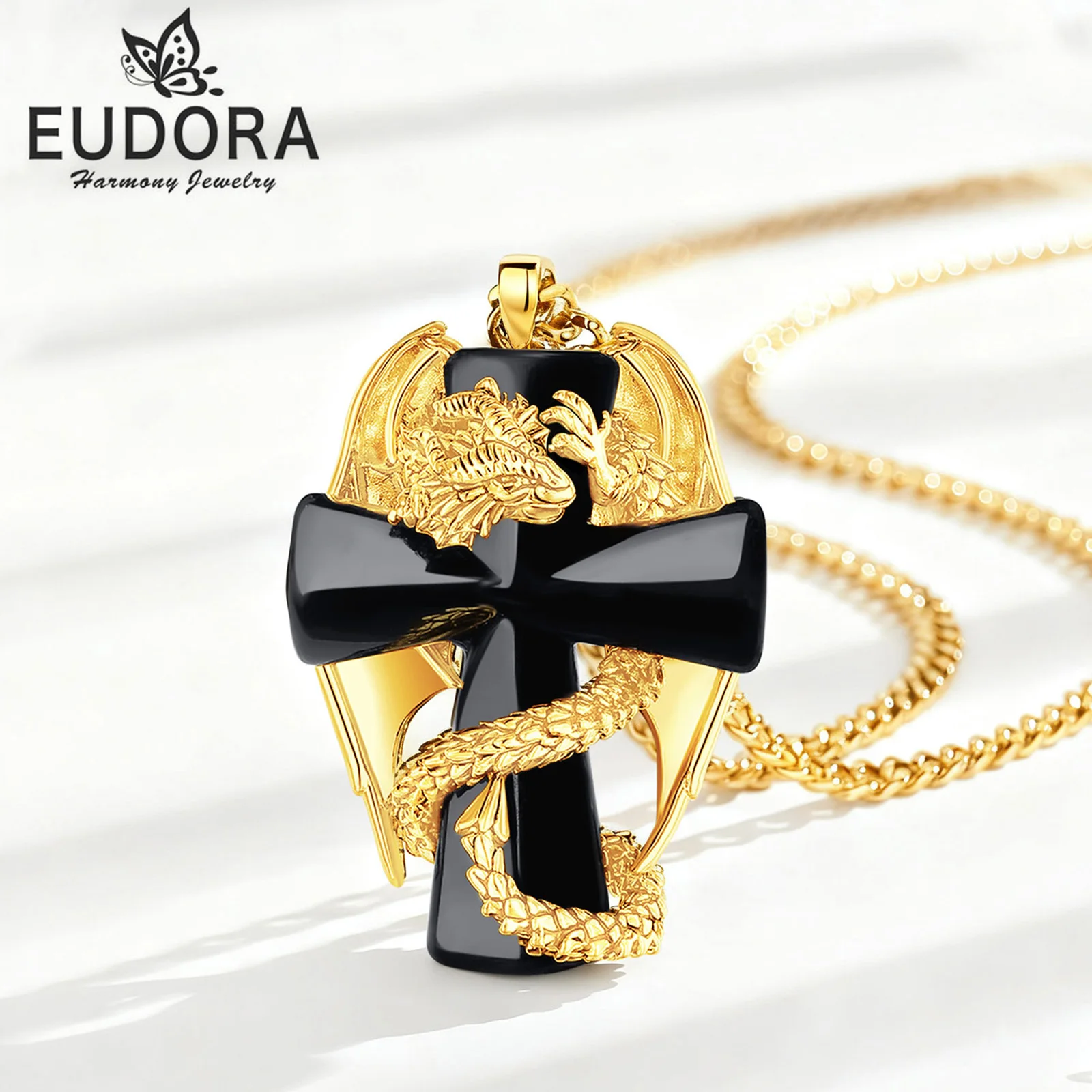 

Eudora Copper Dragon Cross Obsidian Necklace 18K Gold Plated Healing Crystal Stone Pendant Pagan Spiritual Jewelry Unisex Gift