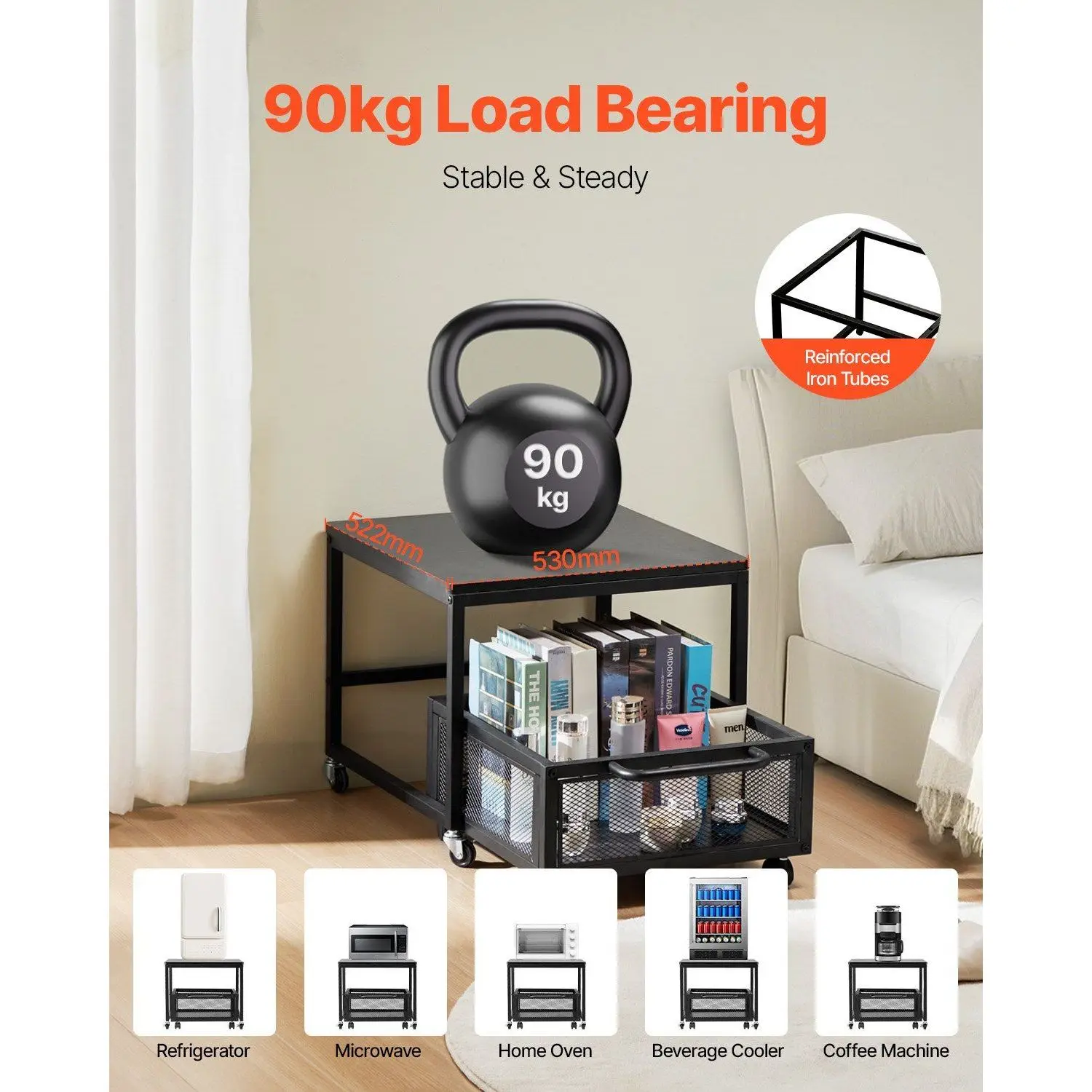 Mini Fridge Stand with Movable Storage Cart 198 Lbs Table Swivel Wheels Beverage Refrigerator Stand with Storage