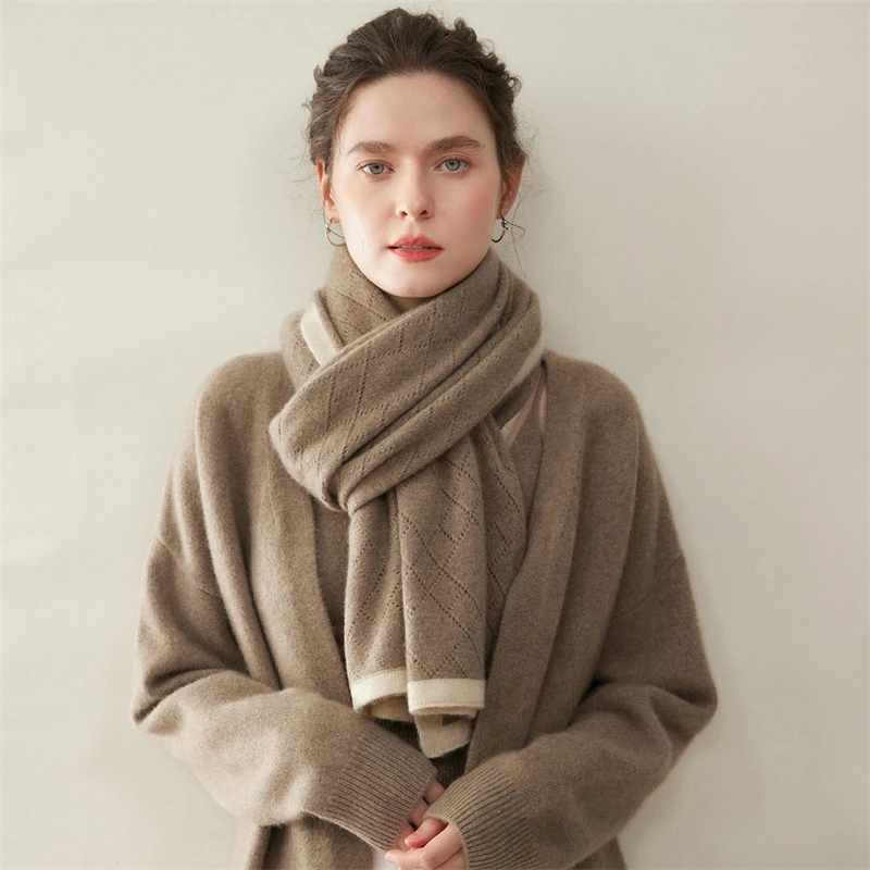 100% Pure Cashmere Scarf for Women, Reversible Ivory & Grey Knit, Ultra Soft Warm