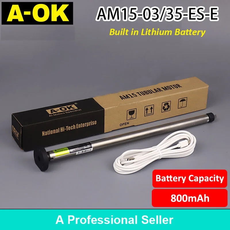 A-OK AM15-0335-ES-E Electric Roller Blind Tubular Motor Built-in 800mAh Lithium Battery with USB Charger for Home Automation