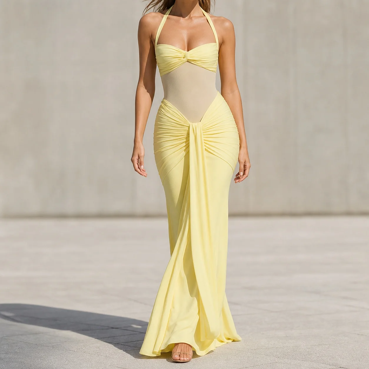 Women's Elegant Halter Neck Long Bodycon Sleeveless Dress for Wedding Guest Summer Party Prom with Sheer Mesh Cut Out and