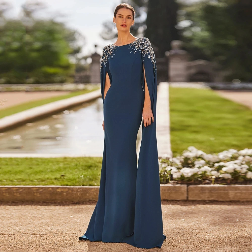 

Luxury Blue Mother Of The Bride Dresses Beading Crystals Scoop Neck Long Cap Sleeves Wedding Guest Party Gowns Robe De Soriee