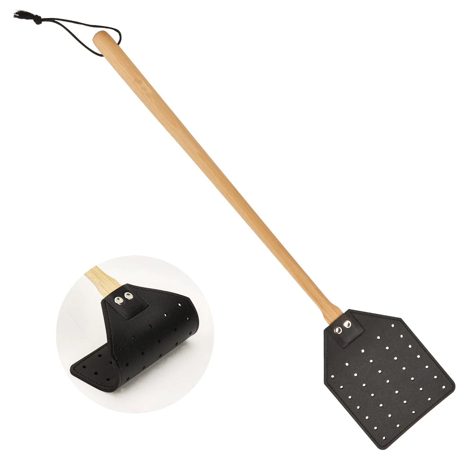 Heavy Duty Leather Fly Swatter with Bench Wood Handle 19.7