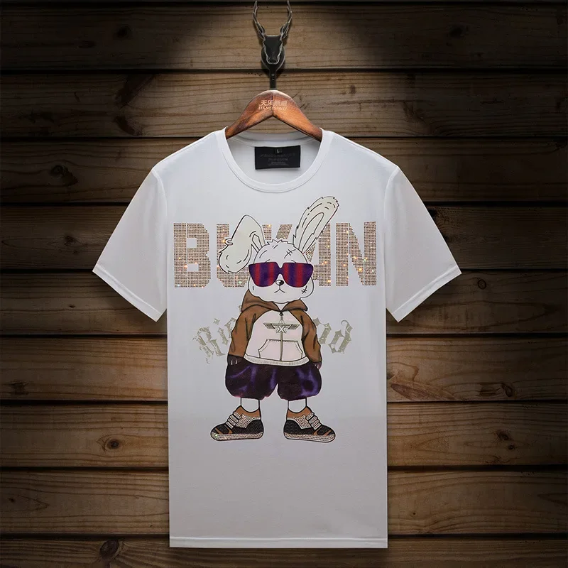 2025 Mens T Shirts Summer Clothing Cartoon Printed Rhinestones O Neck Short Sleeve Slim Casual T-shirts for Men Camiseta Hombre